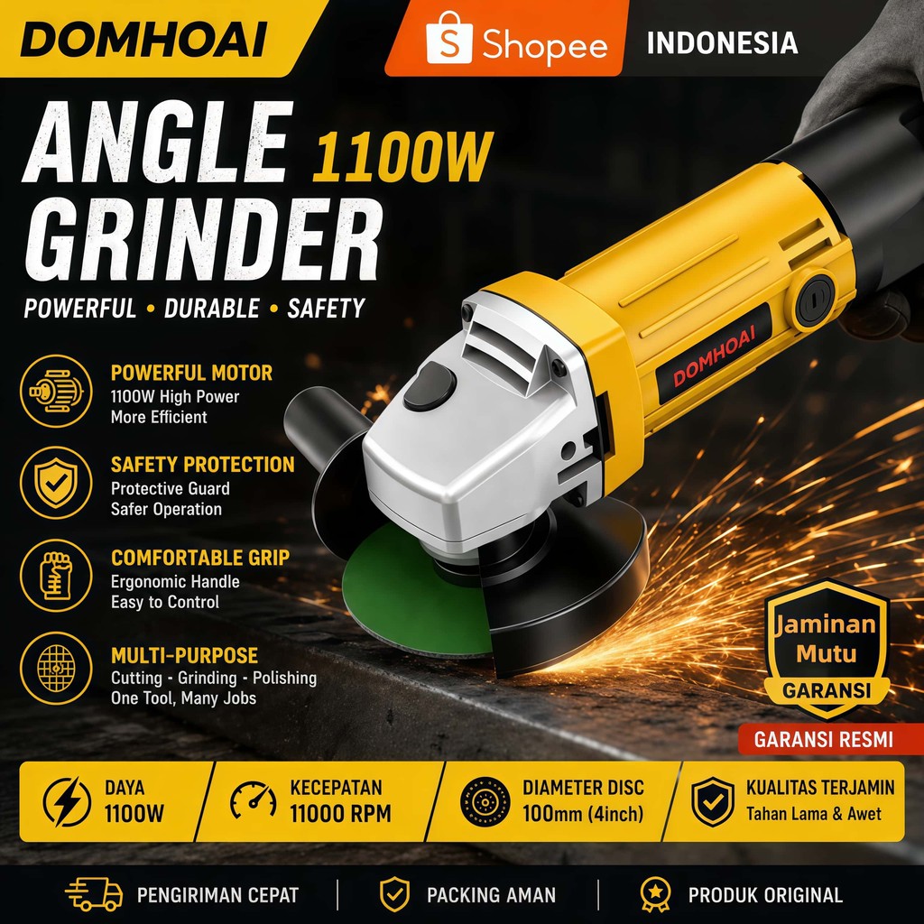 DOMHOAI Angle Grinder Mesin Gerinda Tangan 1300W Multifunction Angle Gurinda tangan Hand Grinding Ma