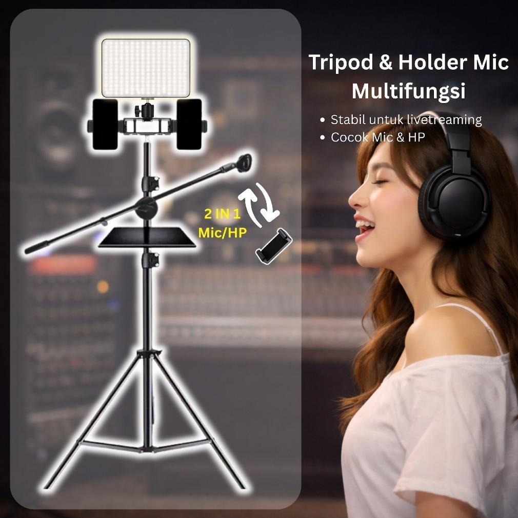 Cash Back Tripod 2.1 Meter Paket Lengkap Overhead Lampu Tray | Holder Hp Mic | Live Streaming & Kara