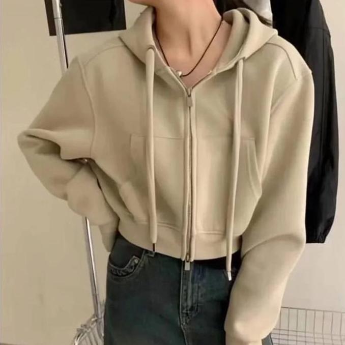 Jaket  Crop Wanita Zipper  Resleting Masa Kini Tebal Fleece baju atasan  Cewek Oversize Crewneck   c