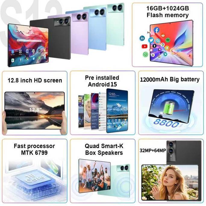 Bisa COD S13 Tablet PC 12.8inch 16GB+1TB Wifi 4G/5G Dual SIM smart Tablets Untuk Anak Belajar hp tab