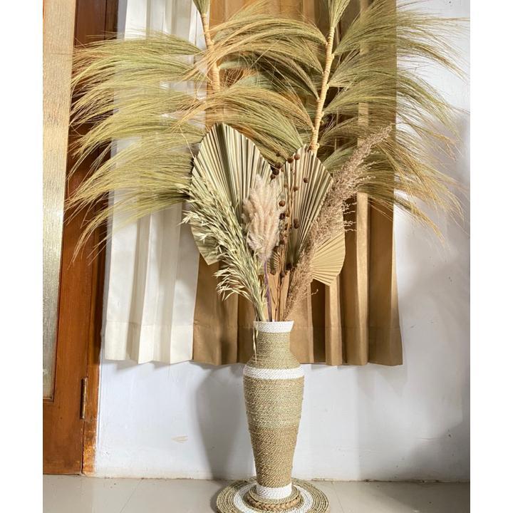 Paket Jumbo Bunga Kering Dan Pot Guci Tinggi 50Cm | Daun Palem Kering | Dekorasi Rustic | Dekorasi R