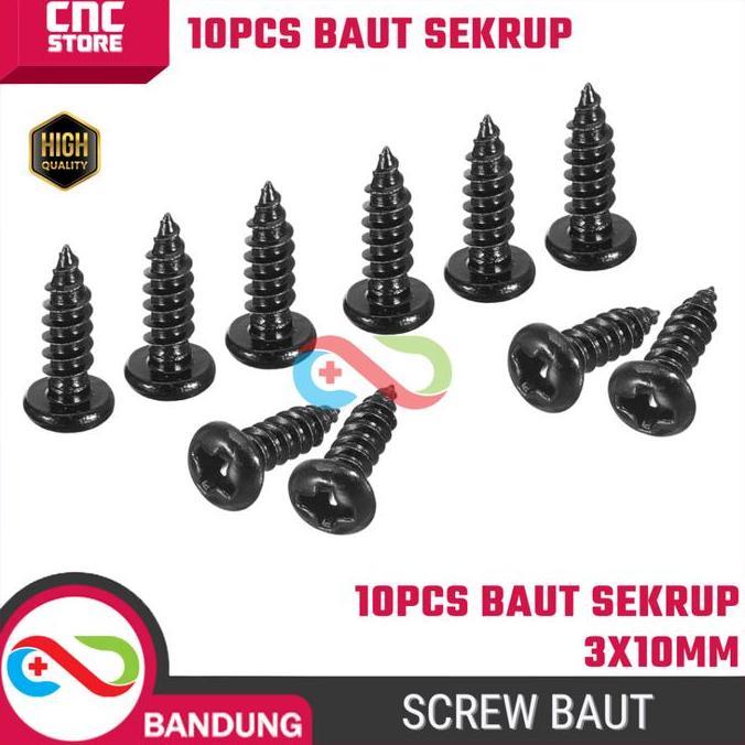 10Pcs Baut Sekrup 3X10Mm Screw Baut Hitam 3Mm X 10Mm