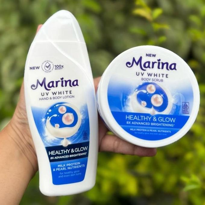 Barkahjualan7 - PAKET MARINA LULUR Healthy & Glow Biru . Body Scrub Marina + Body Lotion Marina Biru