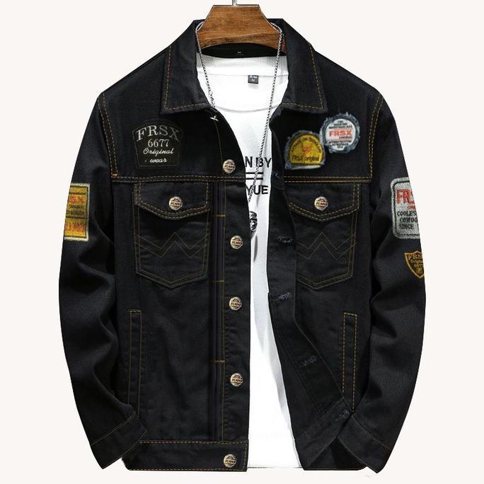 Kop- Jaket Jeans Tempel Hitam Pria Nita Panjang Motif Blazer Casual Formal