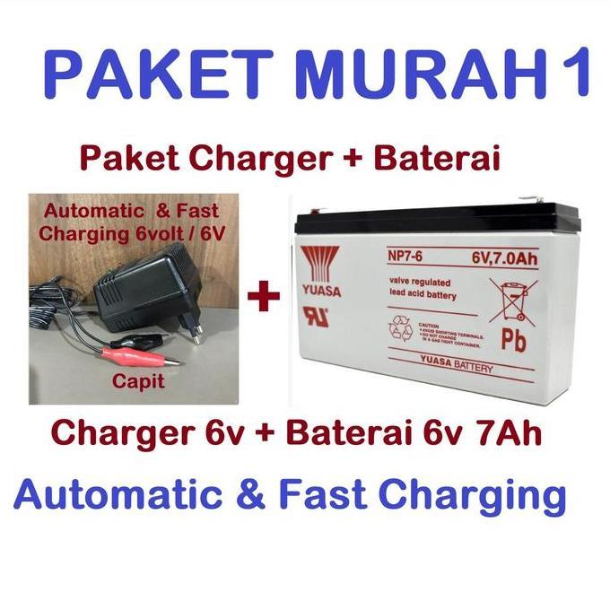 Yuasa Paket Charger Volomax 6V + Baterai 7Ah 7.0Ah 6 Volt Fast Charging Otomatis untuk Mobil Motor M