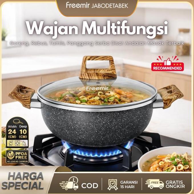 PREMIUM / [AF] freemir Wajan Penggorengan 24cm Hitam Wajan Anti Lengket Granit dengan Tutup Peralata