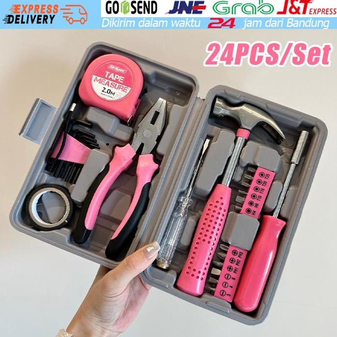 PACHAM Tool Box Set Tang Obeng Kunci L Lakban Listrik Meteran Toolkit Pink