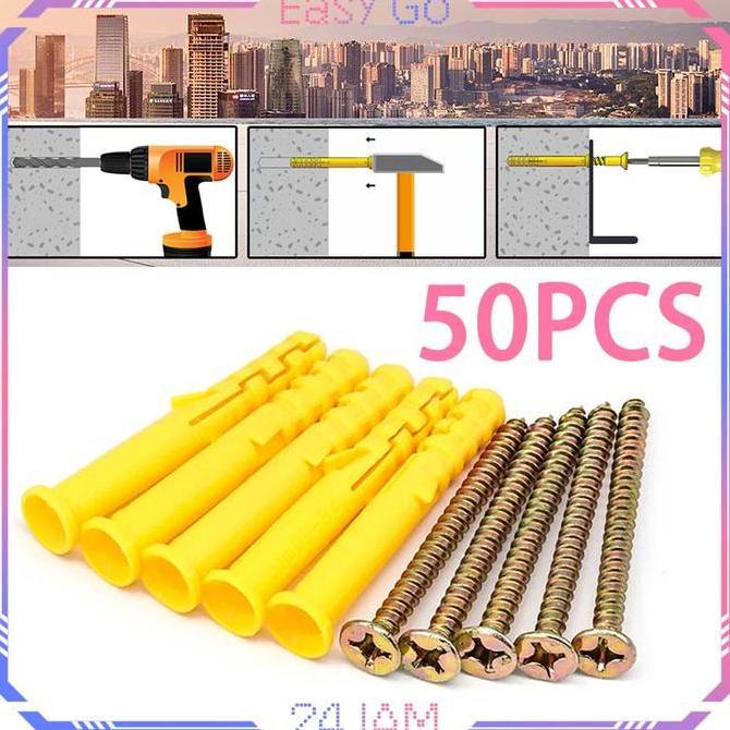 QYUISHOP 50set Angkur Skrup Baut Vischer Set Sekrup Dinding Tembok Angkur Baut Tembok Sekrup Dinding
