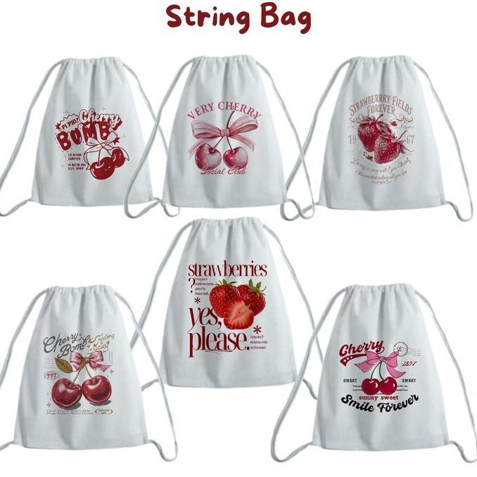DR343 >> Tote Bag & String Bag Canvas cherry stawberry aesthetic coquette
