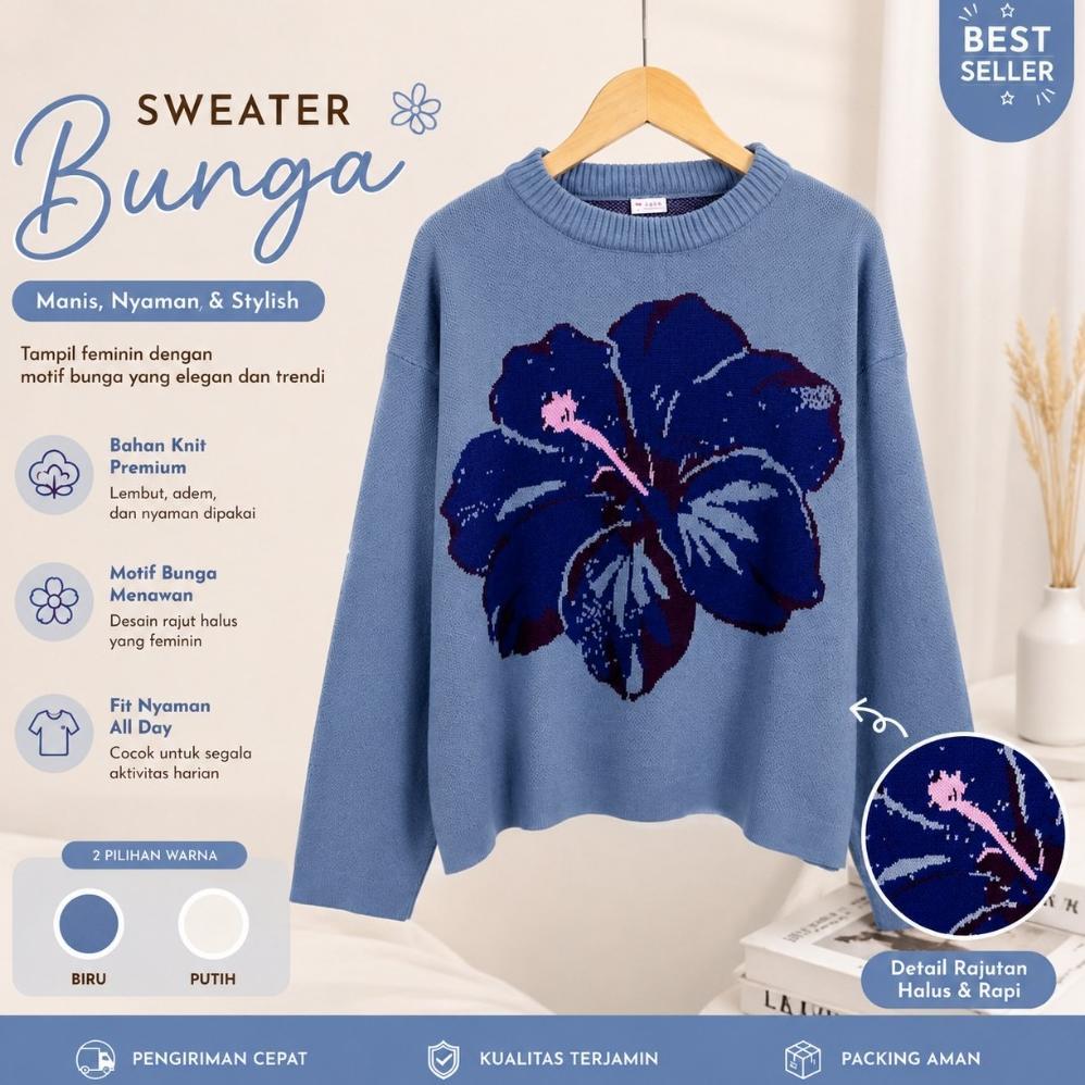 PREMIUM SWEATER RAJUT WANITA MOTIF BUNGA / ATASAN RAJUT FLORAL PREMIUM OVERSIZE AESTHETIC