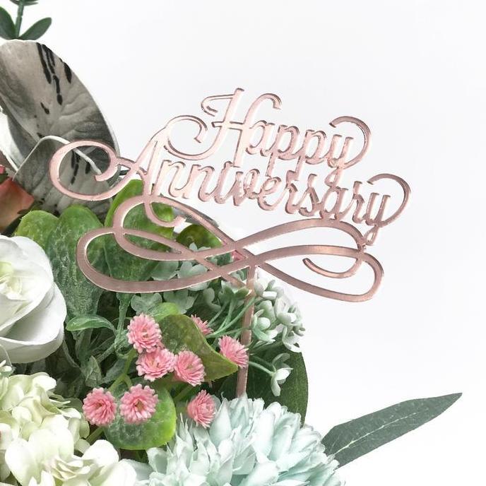 ><><><] Cake Topper Acrylic Happy Anniversary Hiasan Kue Akrilik Wedding Buket Bunga
