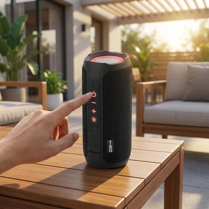 ARGVA Speaker Bluetooth Nirkabel Luar Ruangan Kain Jaring Hitam dengan Cincin Lampu LED dan Tali Por