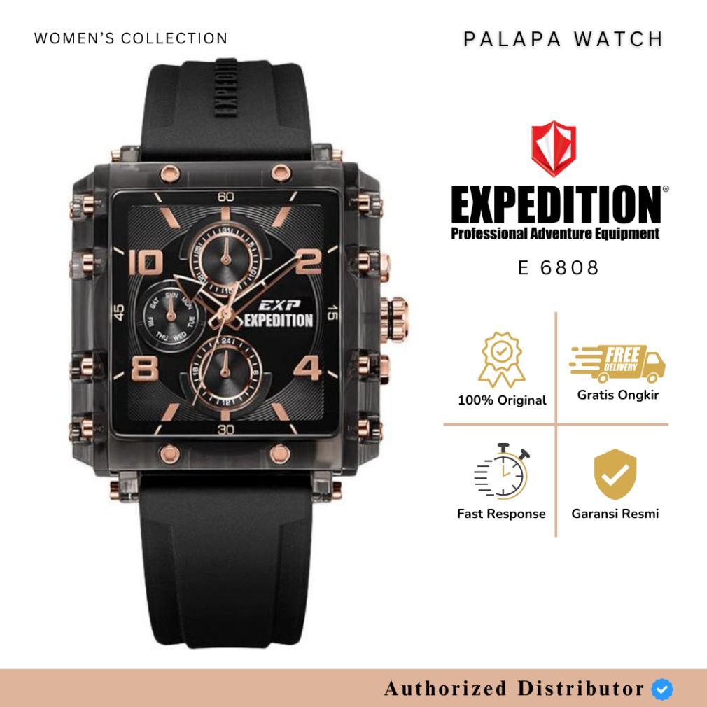 Jam Tangan Wanita Expedition E 6808 / E6808 Full Black List Rosegold Rubber Original