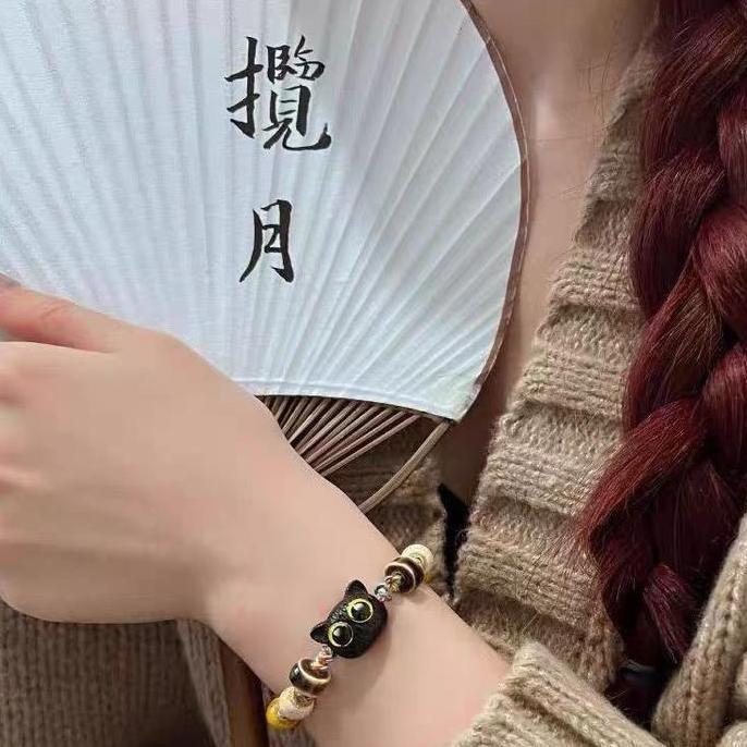 Ready Gelang tengkorak kepala kucing lucu dari keramik gaya Cina, unisex, dengan rumbai warna-warni,