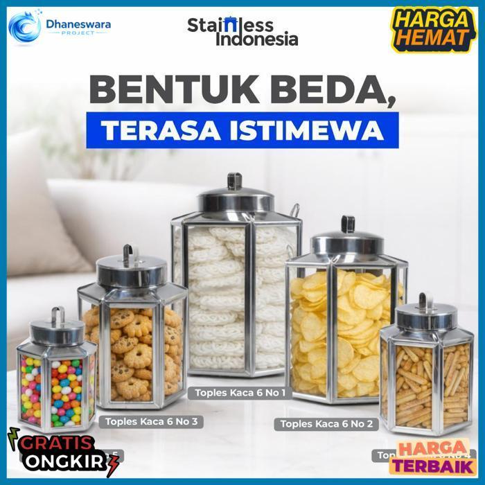Toples Lebaran Segi Enam Mini Kaca Stainless Kapasitas 2 Liter Bentuk Unik, Aman Untuk Makanan, Dan 
