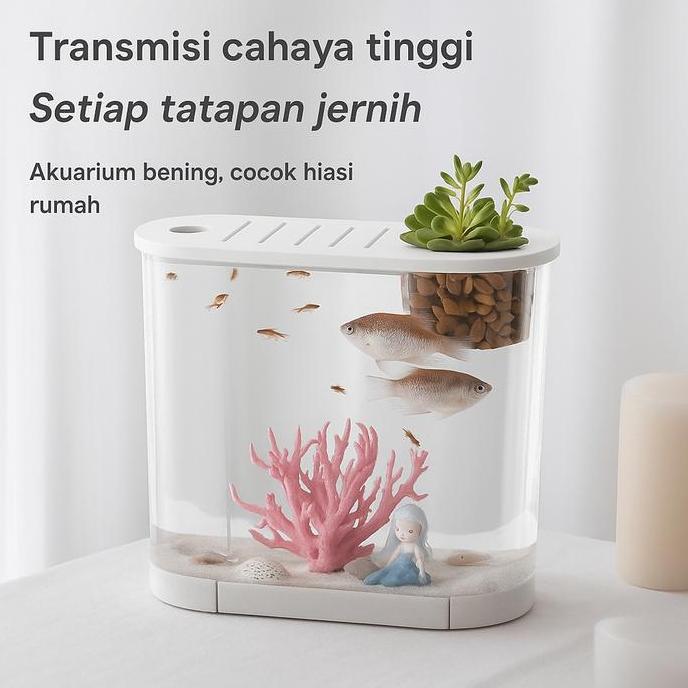 MARTEKNO Akuarium Ikan Tangki Ikan Mini dengan bahan kaca super bening melengkung pet  house  cats p