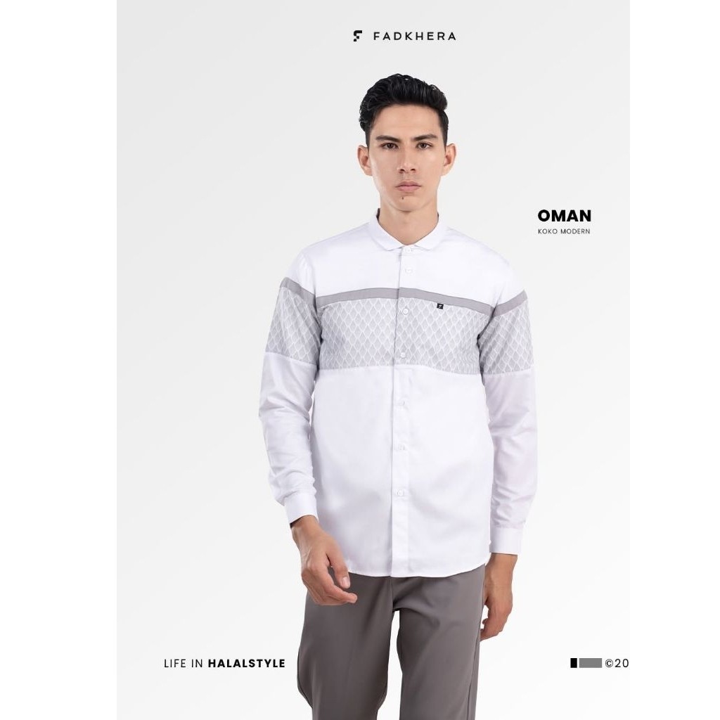 Fadkhera OMAN Koko Modern Kemeja Pria Putih Motif Elegan