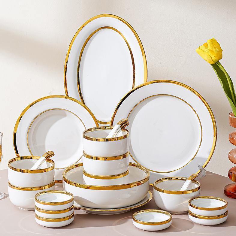 Piring Makan Keramik Putih double list Gold elegant / Piring Putih Keramik List Gold / Mangkuk Keram