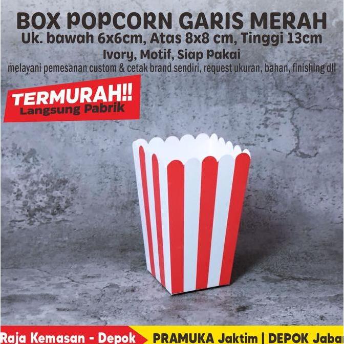 Box Popcorn 8x8x13 cm Bahan Ivory Motif Garis Merah Siap Pakai (isi 100 pcs)