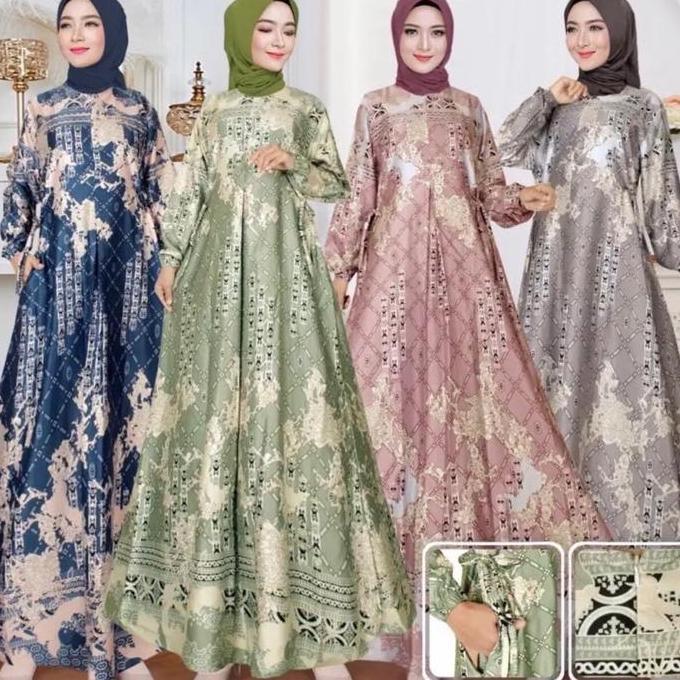 Gamis motif inara bahan silk premium Muslim