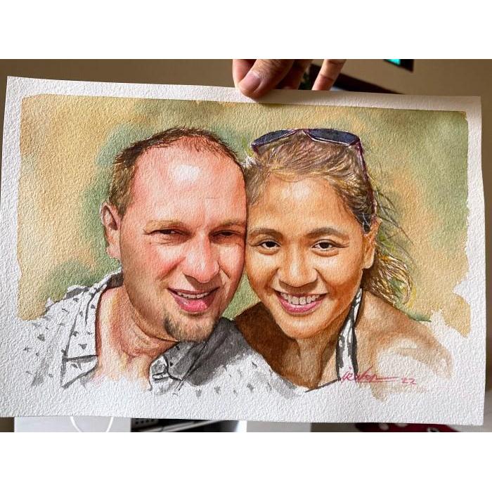 Lukisan wajah Cat Air / watercolor + bingkai ukuran A3 ( 2 wajah )