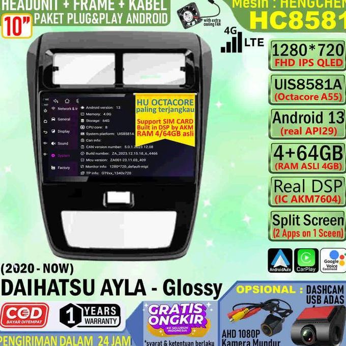 Grosir Paket Headunit Android 10 Inch + Frame + Soket Pnp Daihatsu Ayla 2020 Facelift Hengchen Uis85