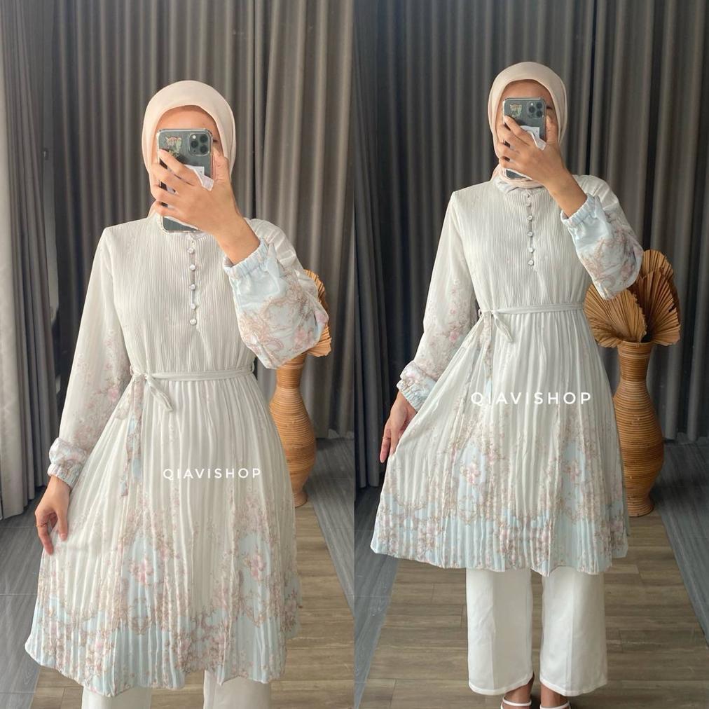 cuci gudang qiavi shop - revi tunik / tunic atasan plisket simple mewah motif cantik warna pastel ku
