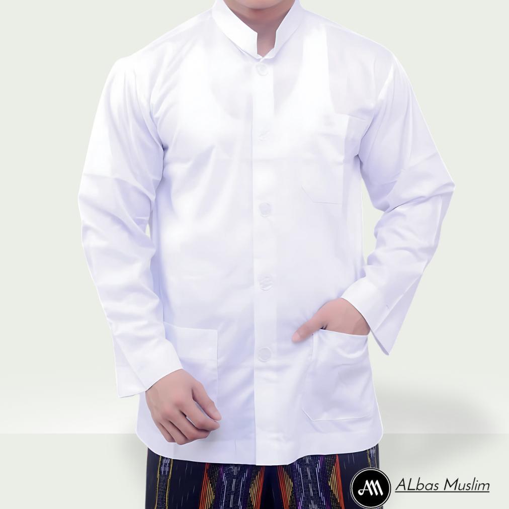 Ready Stock Baju Koko Pria Lengan Panjang Haibah Polos Jumbo Saku Depan Matt Toyobo Warna Putih Tula