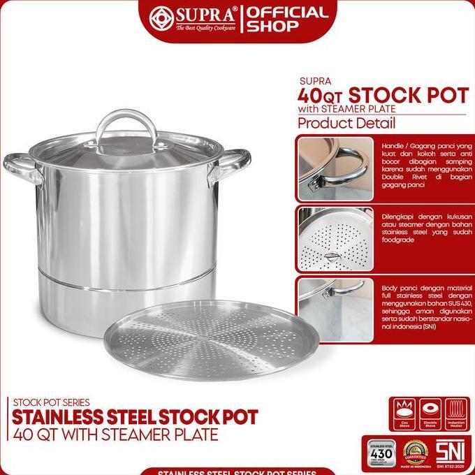 SUPRA PANCI STAINLESS STEEL 40 QT STOCK POT DAN STEAMER TUTUP SS