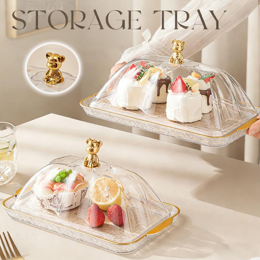 Food Tray Nampan Saji / Set Nampan Saji Dan Tutup Roti Emas / Transparan Aesthetic Dengan Tutup Wada