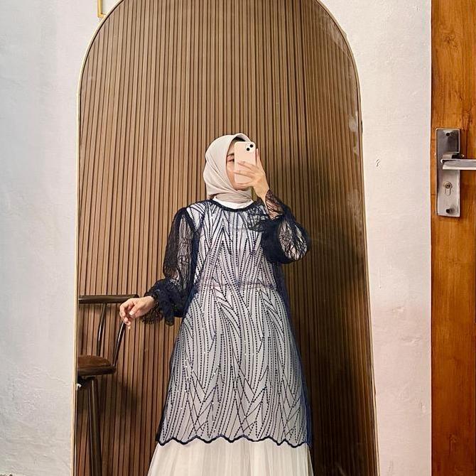 Dress Tunik Outer Tile Brukat Cardigan Atasan Kondangan Lebaran Raya Bridesmaid Modis Outfit Elegan 