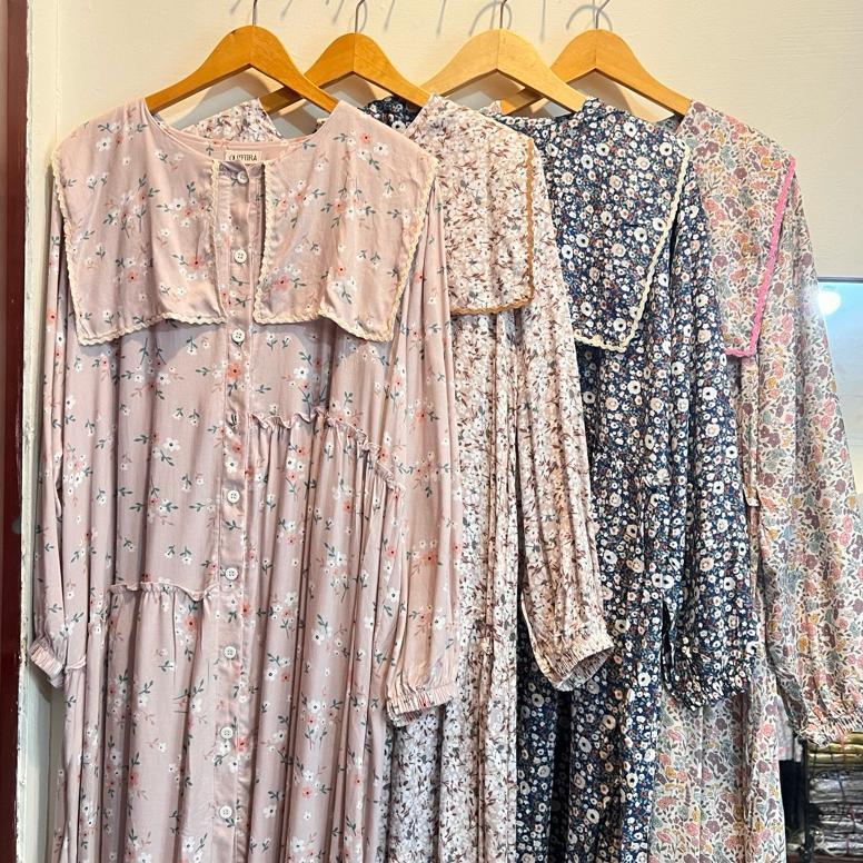 [Cod] Tunik Midi Gamis Crepe Ceruty Babydoll Rayon Motif Bunga Busui Friendly - Midi Dress Ceruti Ke