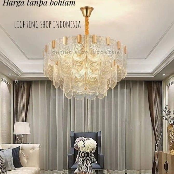 Lampu gantung kristal bulat kaca plafon gantung 16 lampu gold 3 susun