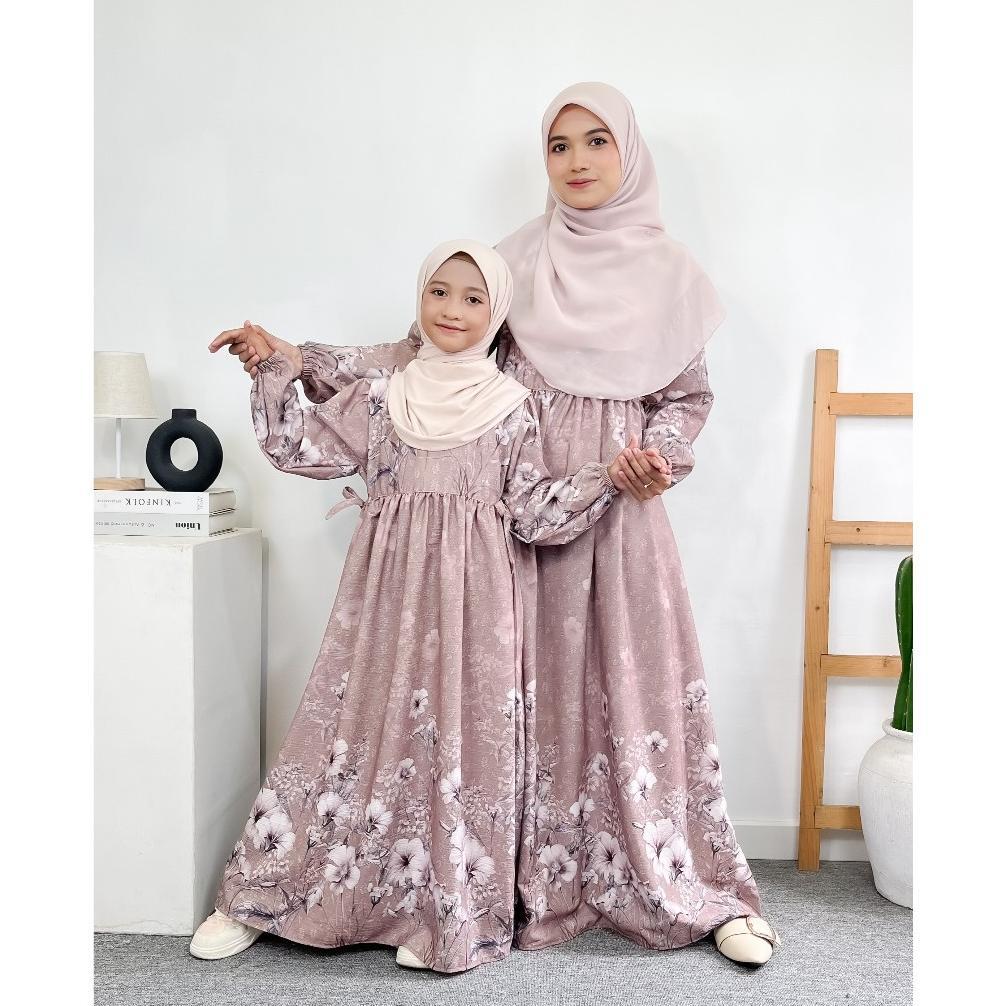 PAKET HEMAT Haura Baju Gamis Muslim Couple Ibu Dan Anak Motif Bunga Cocok Untuk Lebaran