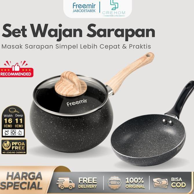 SUPER DEAL - [Crehom] freemir Panci Susu 16 cm Batu Granit dengan Tutup Kaca Set Panci+Teflon Cekung