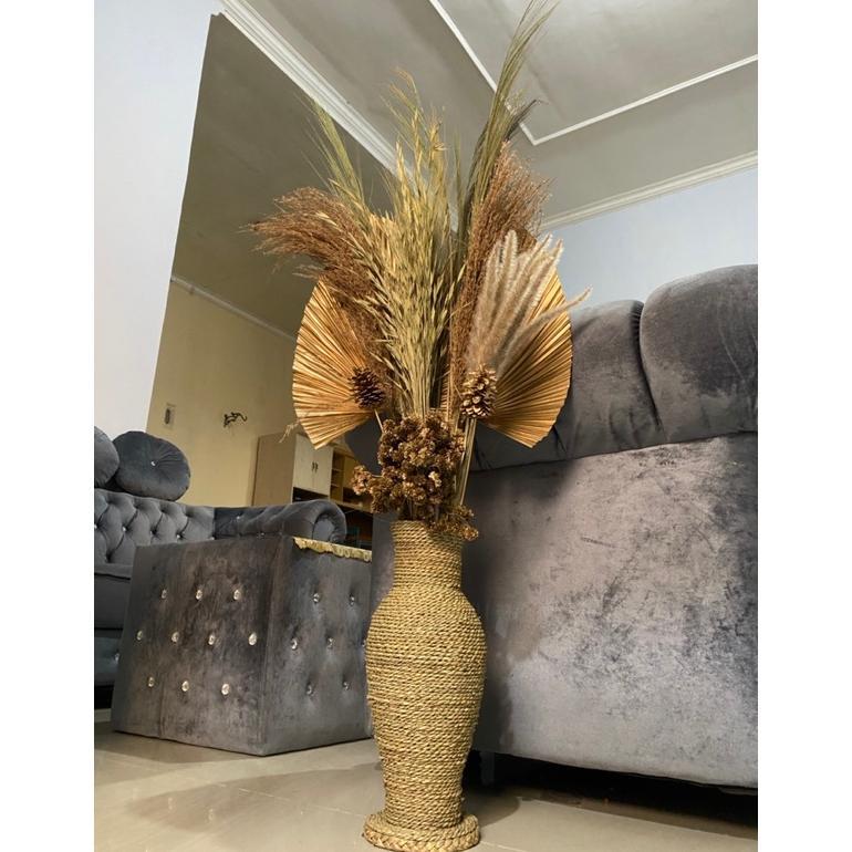 Paket Lengkap Bunga Dan Pot | Daun Palem Kering | Bunga Kering | Pampas | Rayung | Dekorasi Rustic |