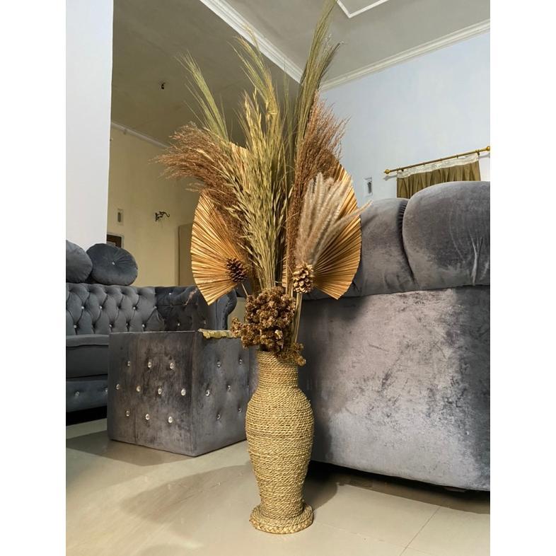 Paket Lengkap Bunga Dan Pot | Daun Palem Kering | Bunga Kering | Pampas | Rayung | Dekorasi Rustic |