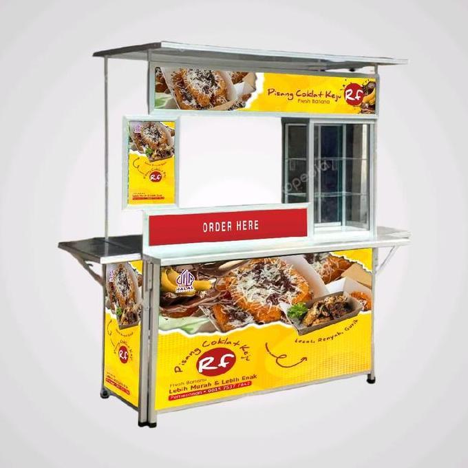 Terlaris [B35] Booth Portable / Gerobak Lipat + Etalase Tinggi + Atap + Menu + Meja Samping + Meja D