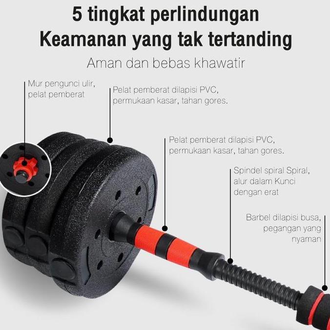 Selfdefense- Bgsport Dumbbell Pvc 10Kg Adjustable + Barbel - Set Alat Fitness Anti Slip Untuk Angkat