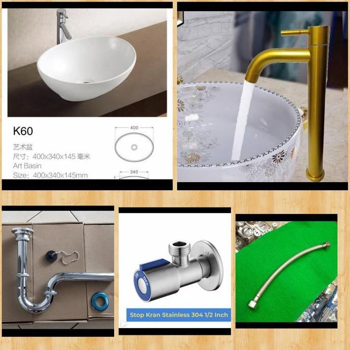 Wastafel mangkok set kran gold / wastafel k60 kran gold