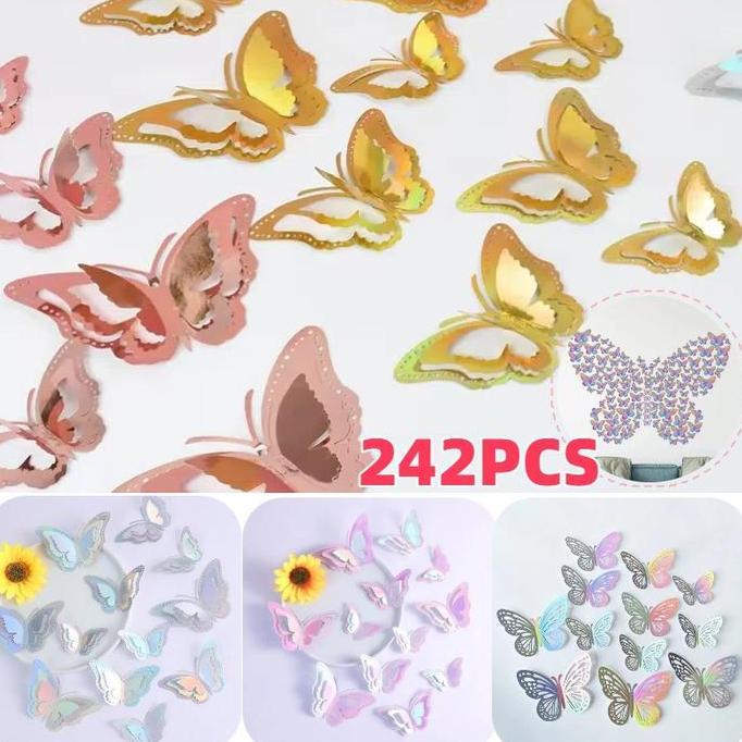 NALPABHI 24PCS 3D Stiker Dinding Kupu-kupu Tiga Dimensi Berongga Emas Dan Perak Berbagai Stiker Kupu