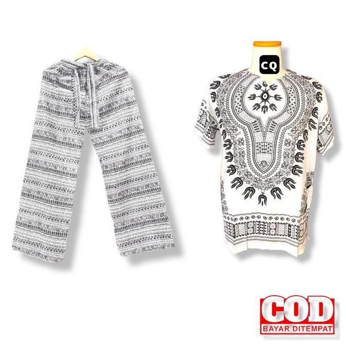 Setelan celana panjang dashiki putih hitam/ setelan celana panjang pria wanita/ setelan celana panja