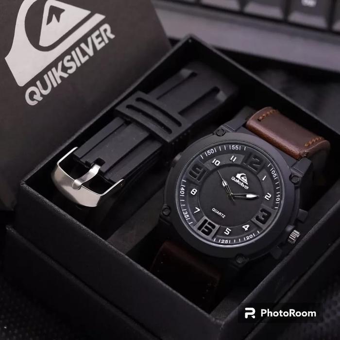 Bisa Cod - Best Seller - Jam Tangan Pria Quiksilver Tali Kulit Free Strap Rubber + Box Jam Tangan