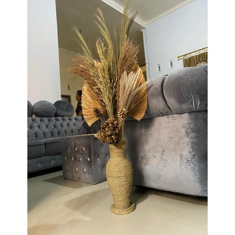 Paket Lengkap Bunga Dan Pot | Daun Palem Kering | Bunga Kering | Pampas | Rayung | Dekorasi Rustic |