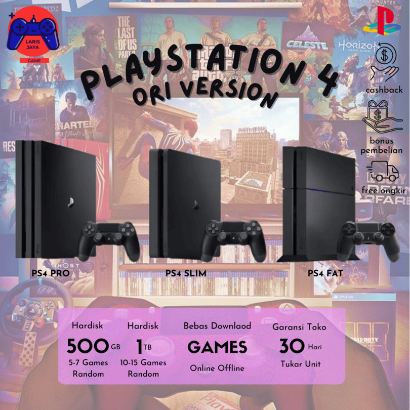 Playstation 4 PS4 Ori Fat Slim Pro HARDISK 1 TB (GTA V + Horizon + God OF WAR 4 + FORTNITE) Bisa Onl