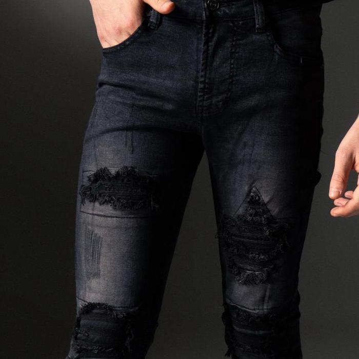 Bisa Cod - Weird Jeans - Austin Black - Celana Jeans Pria Slimfit Strech Ripped Tambal Denim Nyaman 