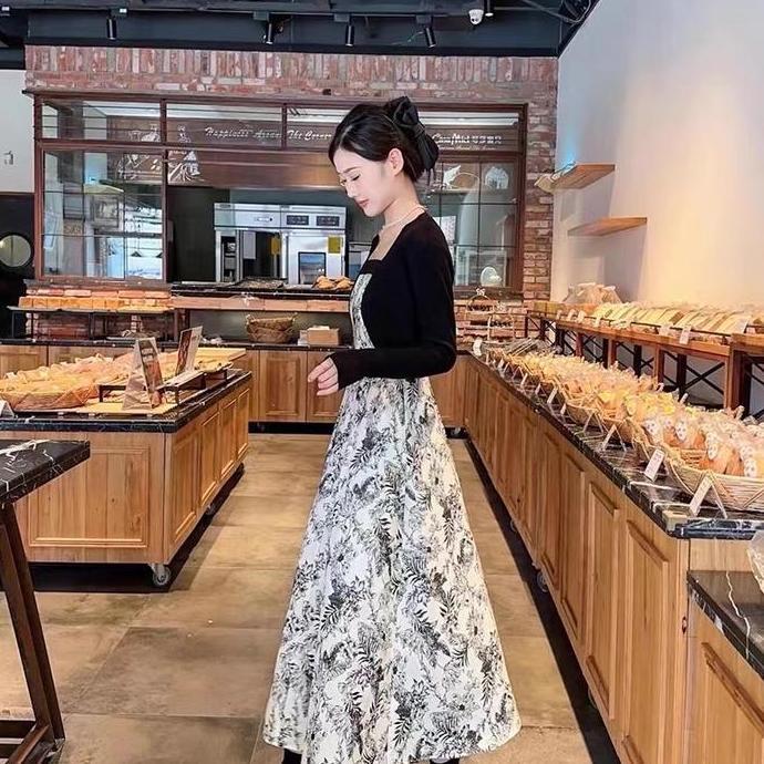 Setgirl- Maxi Dress Floral Motif + Outer Cardigan Hitam Dress Pesta Setelan Dress Cardigan Long Dres