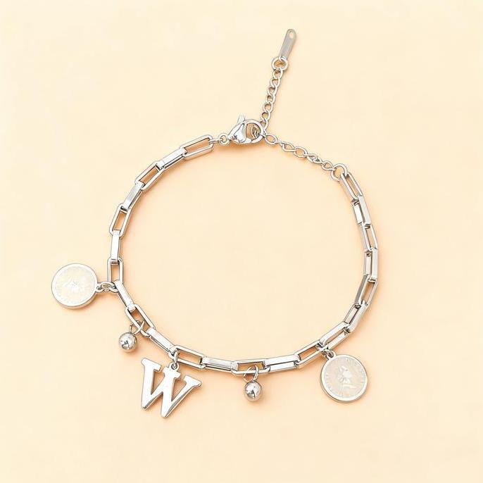 Gelang Koin Huruf Titanium Stainless Steel Wanita Sederhana Elegan Anti Pudar Estetik Cantik Mewah s