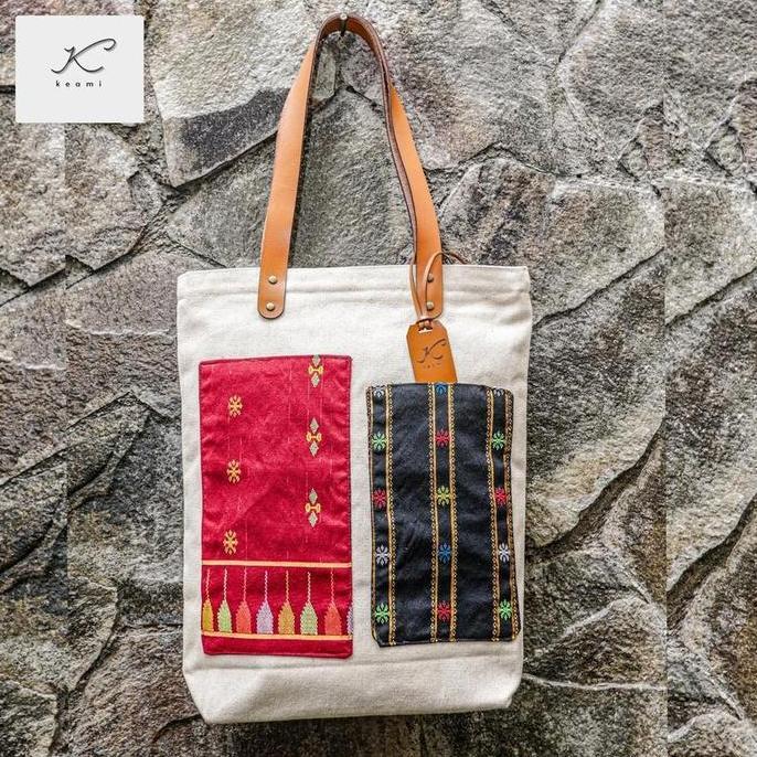 SALE - KEAMI CRAFT - noda di handle kulit tas DIPA Tote Bag Kain Kanvas Twill & Tenun NTT Tas Wanita