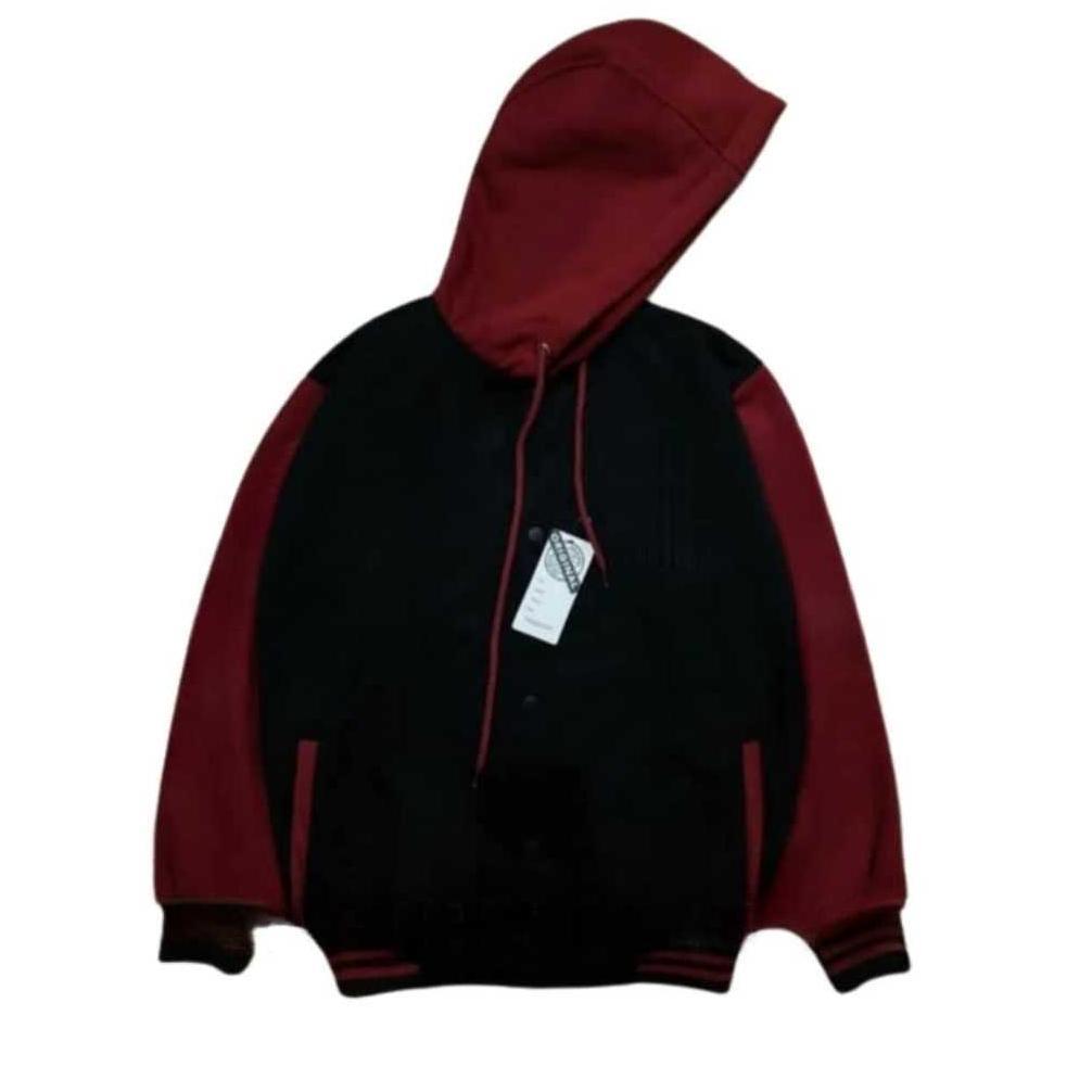 PROMO Jaket Hoodie Varsity Hitam Cream Polos - Jaket Baseball Varsity Polos Model Kancing Premium Un
